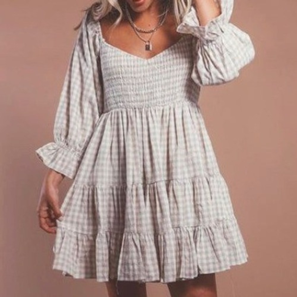 Mable Gingham Milkmaid Smocked Ruffle Tan Mini Dress Small Cottage Beach‎ Femme